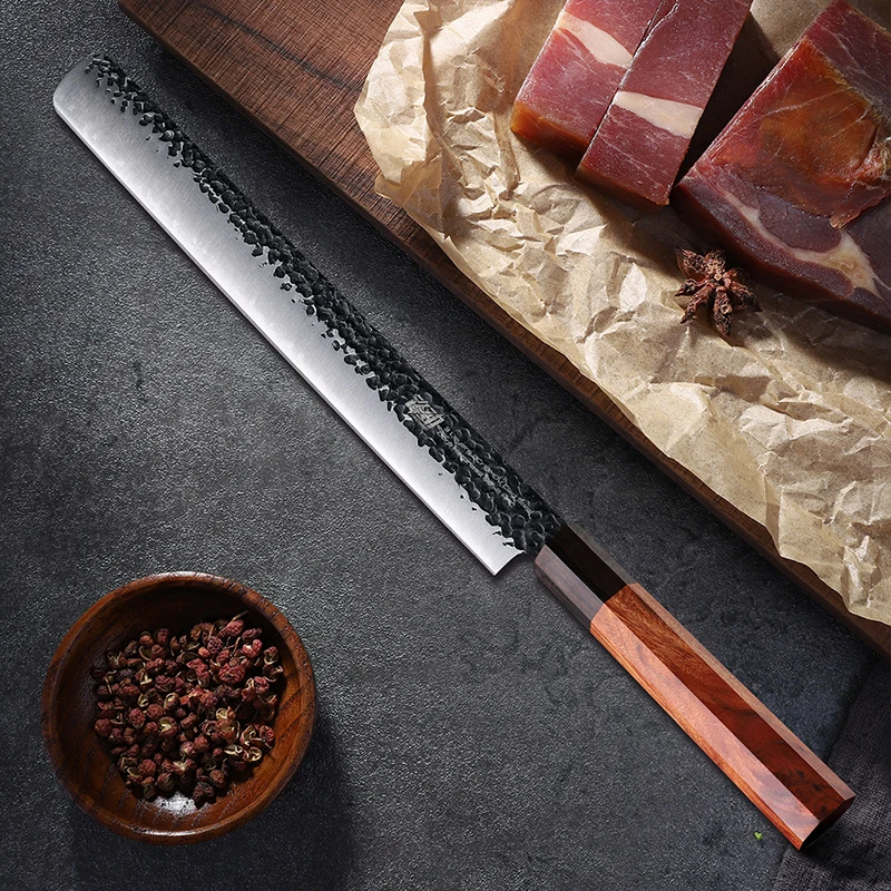12 inç Somon dilimleme bıçağı 3 katmanlı 9CR18MOV Kaplı Çelik sekizgen Kolu Döş Jambon Bıçakları mutfak dilimleme fileto 50cm