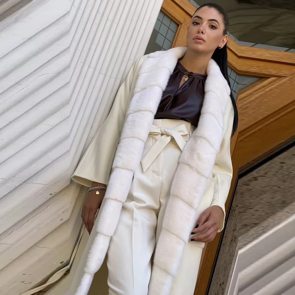 120cm Uzun Gerçek kaşmir Palto Tüm Cilt Vizon Kürk Uzun Yaka 2022 Kış Moda Yün Karışımları Vizon Kürk Ceket Dış Giyim Lüks