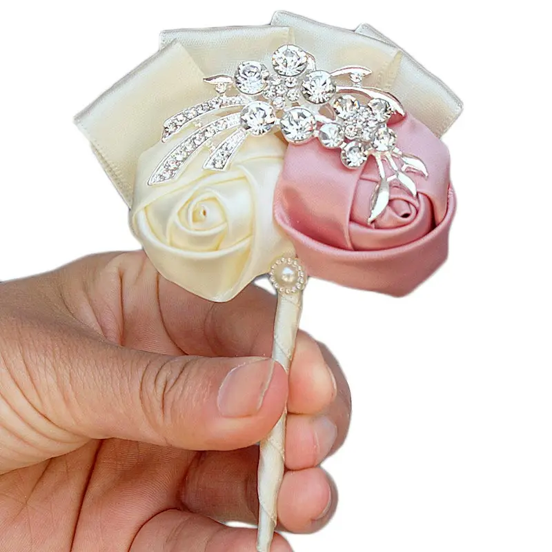 2 adet / grup şampanya yapay çiçek Yaka Pin Erkek Düğün Yaka Çiceği Toptan Düğün Broş Kristal Damatlar Yaka