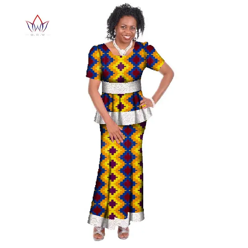 2 Parça Setleri Afrika Setleri Kadınlar için Bazin Kısa Kollu Takım Elbise Artı Boyutu Afrika Kadın Giyim O-Boyun Dashiki Marka Etek Seti WY412