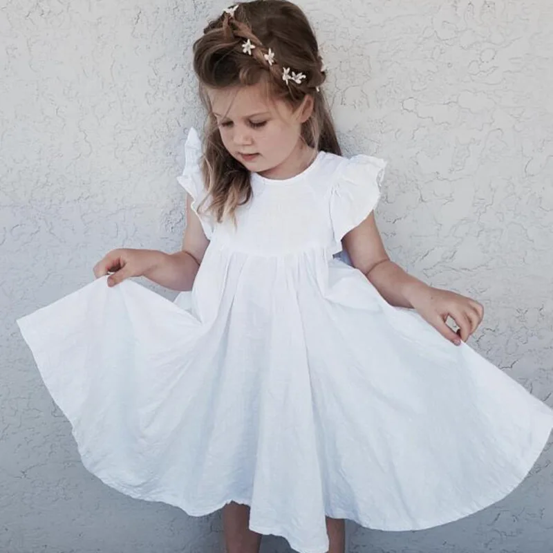 2019 yaz yeni kız kenevir pamuk sinek kollu dantel rahat prenses elbise dantel