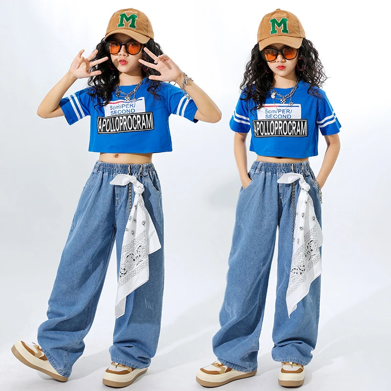 2022 Caz Dans Kostümleri Çocuklar İçin Mavi Cro gevşek pantolon Üstleri Streetwear Kızlar Balo Salonu Hip Hop Dans Festivali Giyim DQS10432