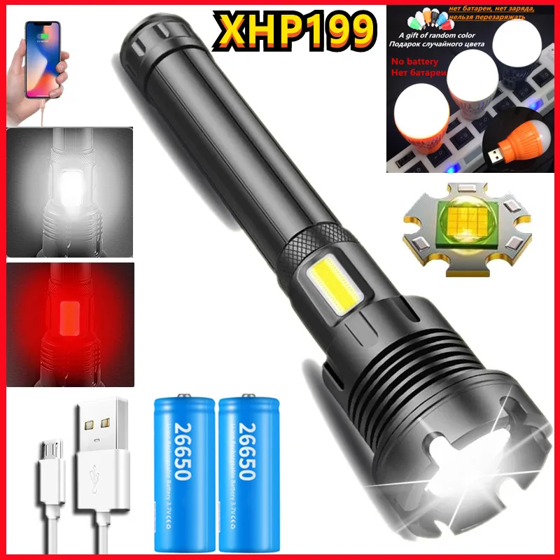 2022 Güçlü XHP199 16 Çekirdekli LED el feneri Powerbank Torch Usb Şarj Edilebilir 26650 Pil Zumlanabilir Alüminyum Fener Kamp için 0