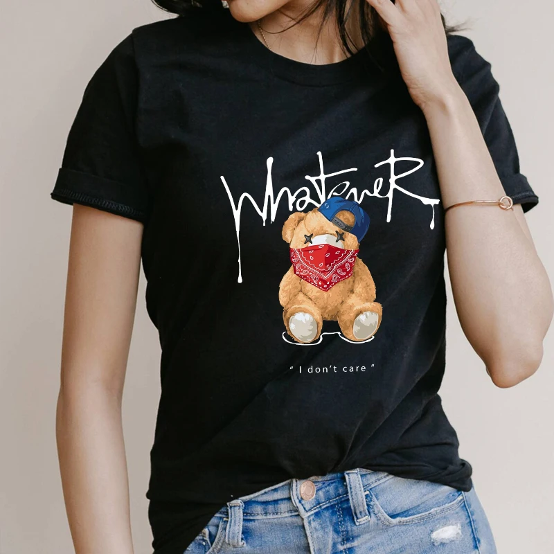 2022 Yeni Moda T - shirt Kadın Yaz Rahat Harajuku Karikatür Unisex Maskesi Oyuncak Ayı Baskı Öğrenci Kısa Kollu Gevşek Üstleri S-5XL