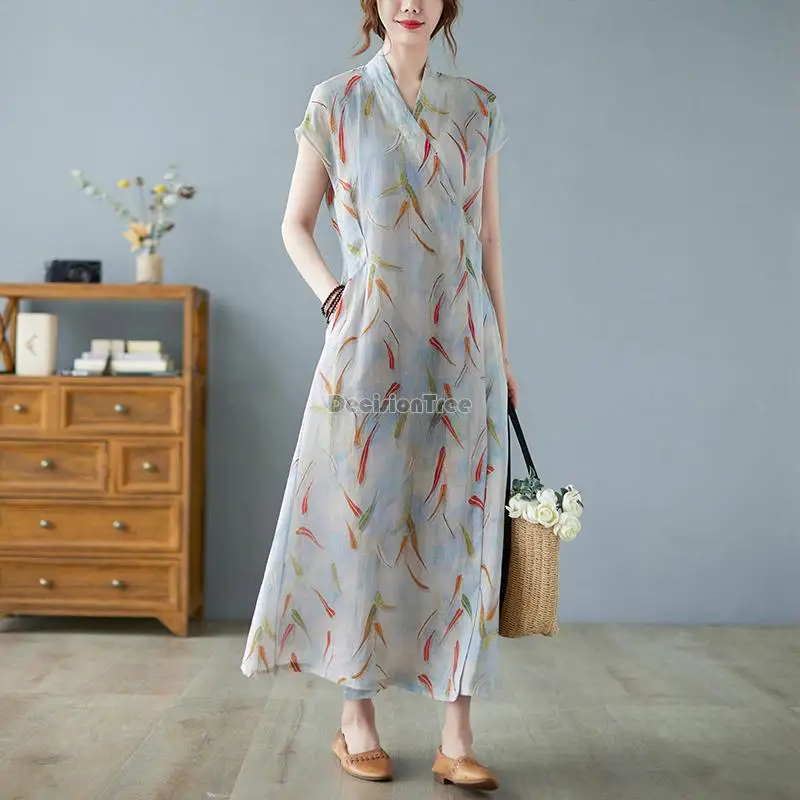 2023 yaz rami mizaç çin tarzı çay elbise retro pamuk çiçek baskılı uzun elbise kadınlar lady için