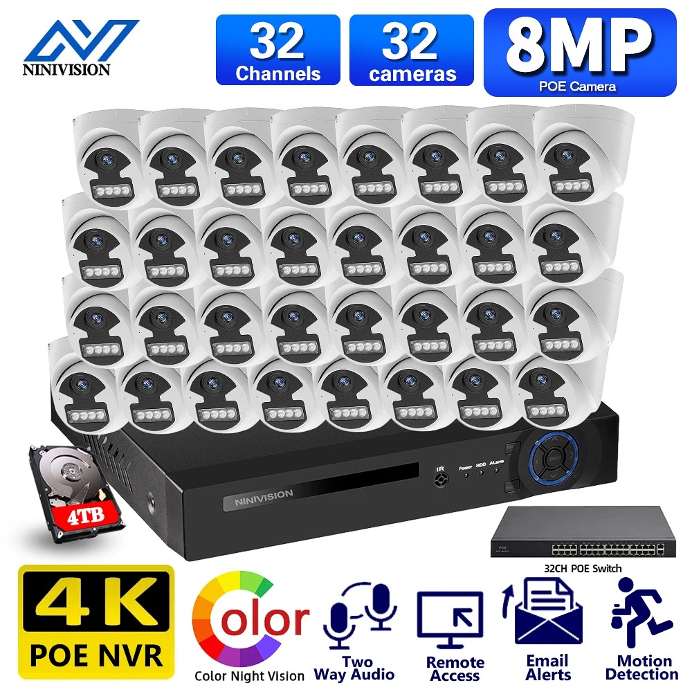 32CH 4K NVR 5MP 8MP CCTV Güvenlik Kamera Sistemi POE NVR kiti İki Yönlü Ses Açık Renkli Gece görüş Video gözetleme seti