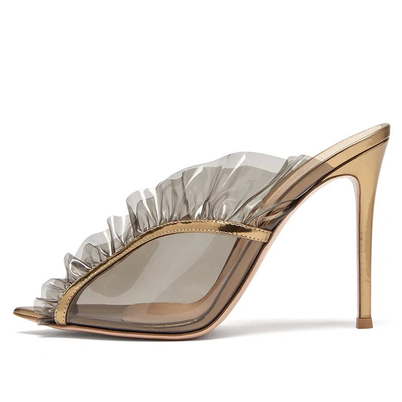 Altın Patent Deri Katır Terlik parti ayakkabıları Kadınlar İçin Ekleme Gri PVC Pantuflas Sivri Burun Fırfır Zapatos Mujer Yüksek Topuklu