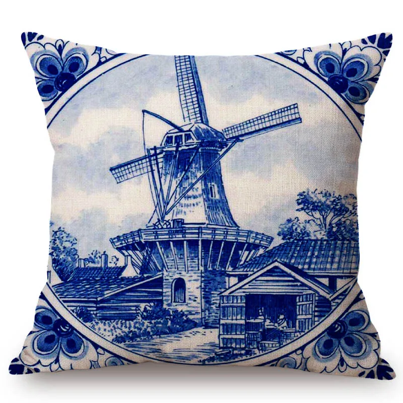 Antika Delft Mavi Hollanda Retro Vazo Desen Sanat Ev Dekoratif Kanepe Atmak Yastık Kılıfı Fırıldak Kanal Ev minder örtüsü