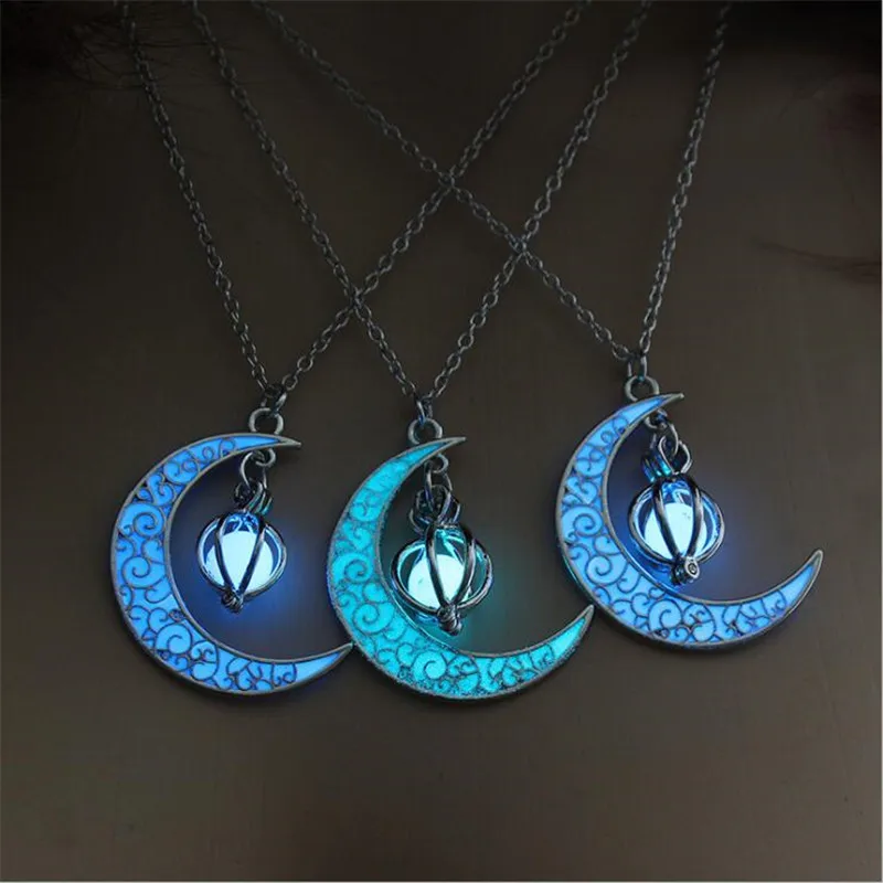 Ay Parlayan Kolye Mücevher Charm Takı Gümüş Kaplama Kadınlar Cadılar Bayramı Kolye İçi Boş Aydınlık Taş Kolye Kolye Hediyeler