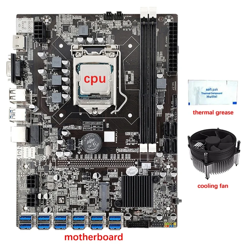 B75 12 GPU Madencilik Anakart + CPU + Soğutma Fanı + Termal Gres 12 USB3.0 To PCIE1X Yuvası LGA1155 DDR3 SATA3.0 İçin BTC / ETH