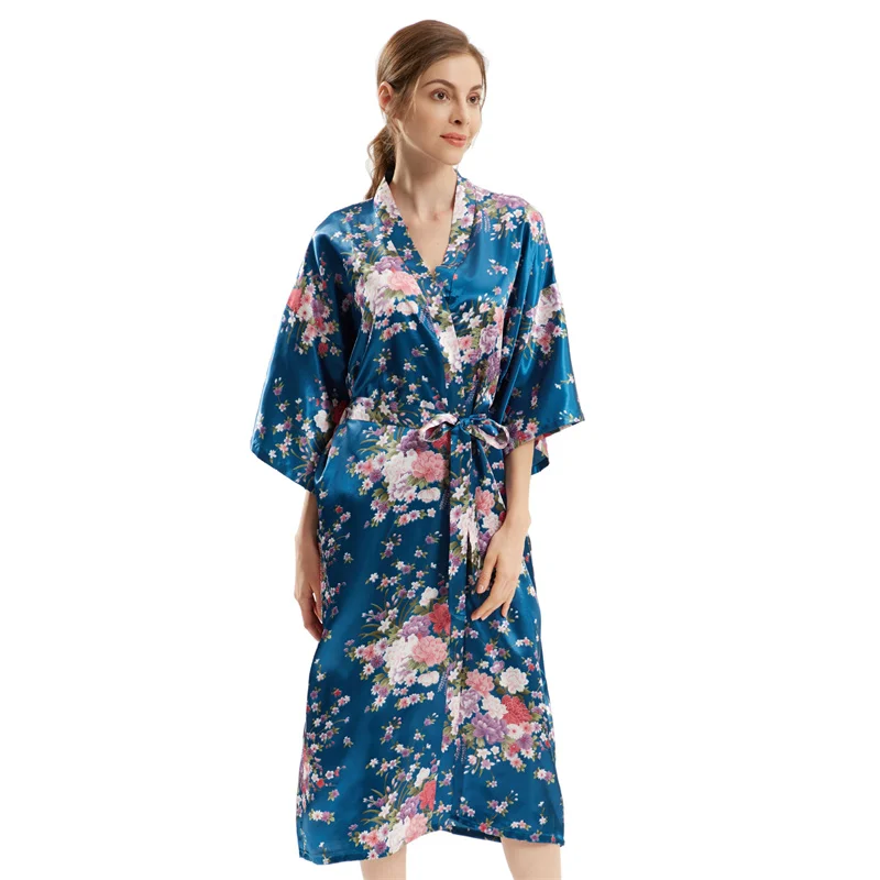 Baskı Çiçek Kimono Elbise Kadın Rahat Gecelik Bornoz Elbisesi Saten Gecelik Yumuşak Seksi Ev Giyim Samimi İç Çamaşırı