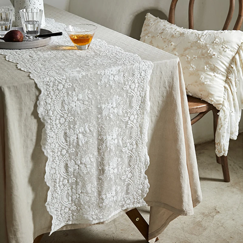 Beyaz dantel pamuklu masa örtüsü romantik örgü nakış dikdörtgen masa bayrağı kemer düğün parti masa dekorasyon