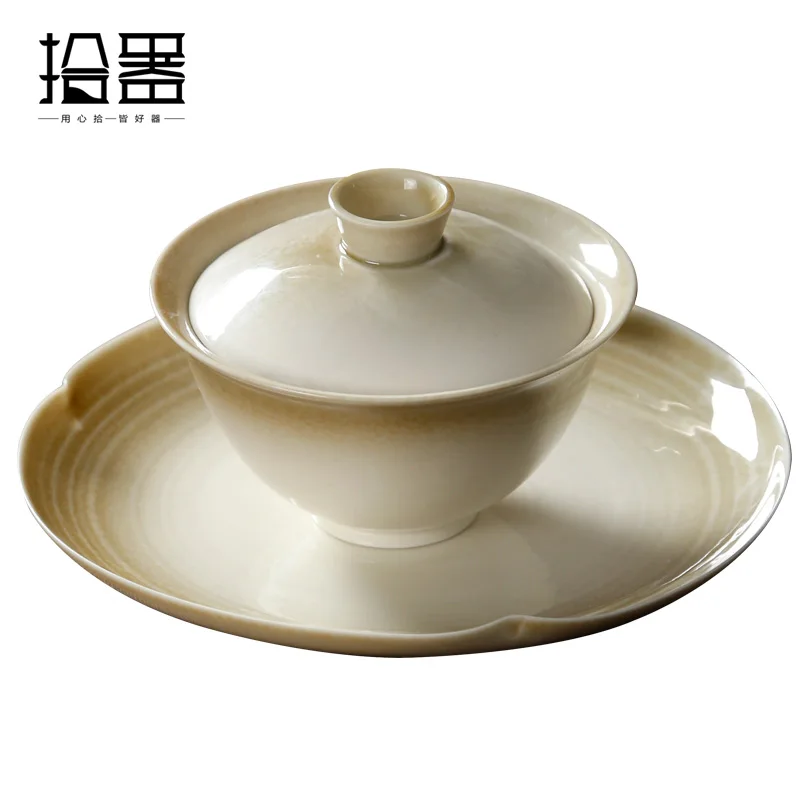 Bitkisel Kül Sır Seramik Üç kapaklı Kase Jingdezhen çay makinesi Tek Ev Kung Fu çay seti Büyük çay bardağı Kızartma Kase 5