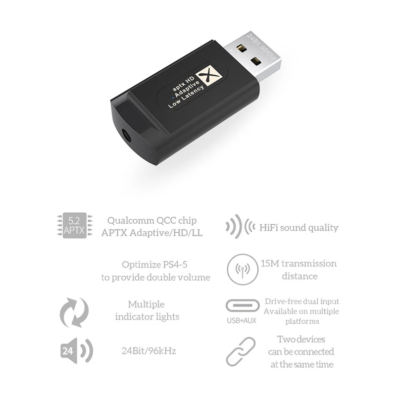 Bluetooth 5.2 kablosuz av alıcısı-vericisi Mic İle Aptx LL HD Adaptif Düşük Gecikme 3.5 Mm Aux TV PC İçin 2