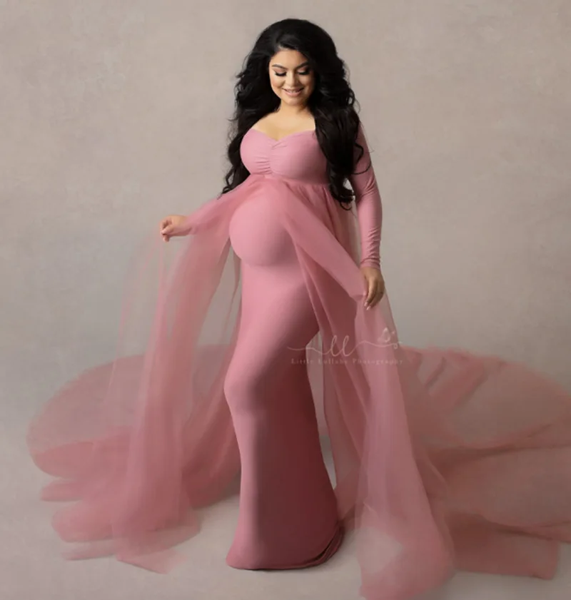 CloverBridal Uzun Kollu hamile elbisesi Pembe Hamile Kadınlar Fotoğrafçılık Kat Uzunluk Kıyafeti Dış Katman ile WP9808