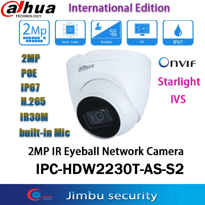 Dahua 2MP IPC-HDW2230T-AS-S2 POE Güvenlik Koruma H. 265 IR30M Dahili Mikrofon İle IR Göz ağ kamerası İngilizce Orijinal
