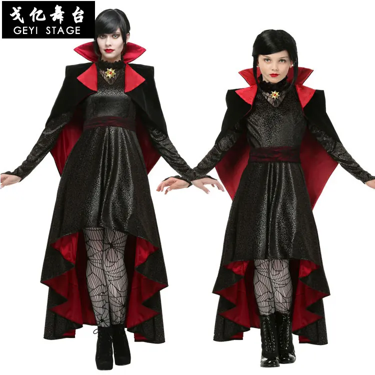 Deluxe Gotik Vampiress Cosplay Kadın Kızlar Vampir Kostüm Çocuklar Yetişkin Koleksiyonu Cadılar Bayramı Noel Purim fantezi parti elbisesi