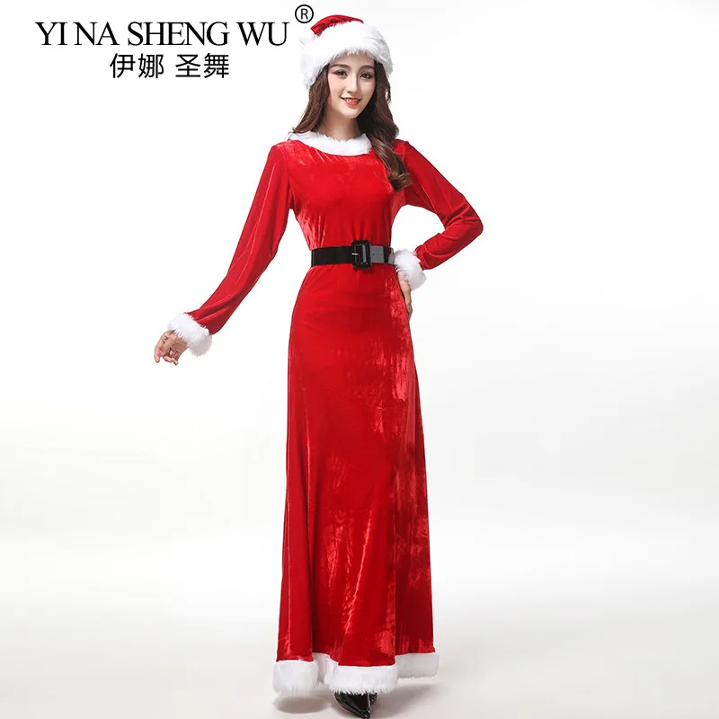 Deluxe Kadınlar Yetişkinler Noel Kadife Elbise Bayan Noel Baba NOEL Kostüm Kıyafet Cosplay Kırmızı Uzun Elbiseler Uzun Kollu Kıyafet Hediye