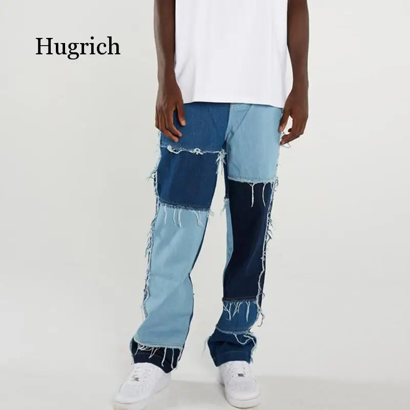 Erkekler Yıkama Ekleme Rahat Düz Püskül Patchwork Kot Pantolon Erkek Moda Streetwear Gevşek Hip Hop Denim Tam Boy Pantolon