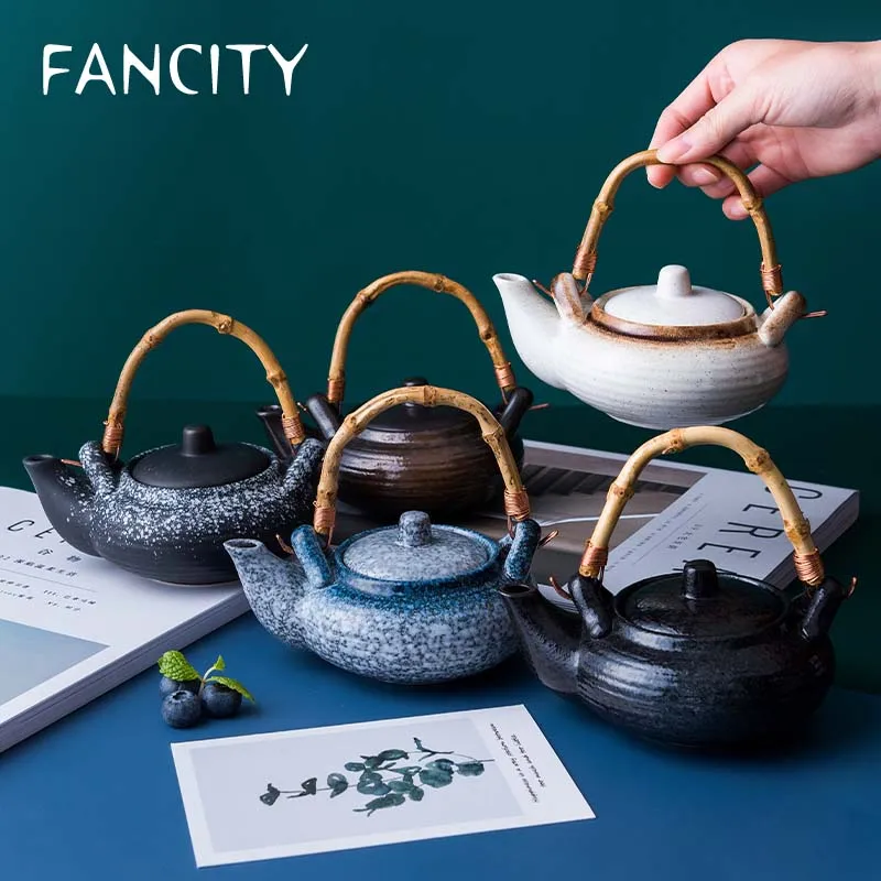 FANCITY Demlik seramik ev çay makinesi Japon seti içme bardağı demlik tek pot basit bambu kolu taşınabilir