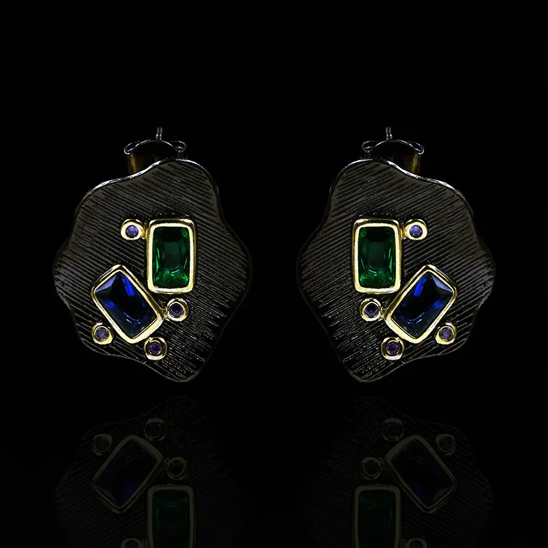 Inspired tasarım yeni gümüş kakma mavi ve yeşil kristal geometrik küpe bayanlar için basit retro zarif takı