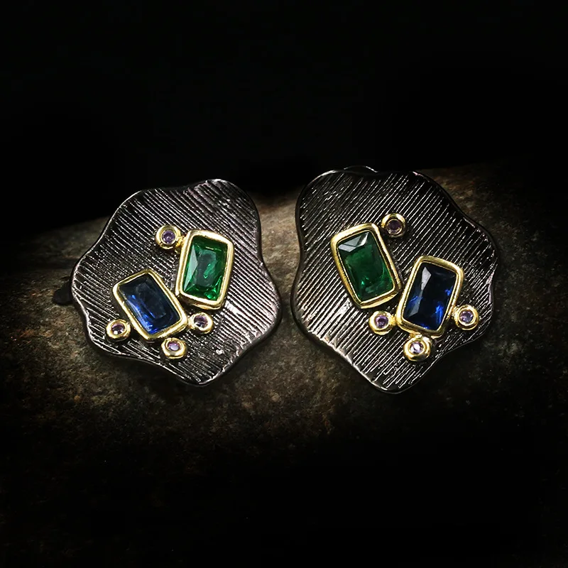 Inspired tasarım yeni gümüş kakma mavi ve yeşil kristal geometrik küpe bayanlar için basit retro zarif takı 3