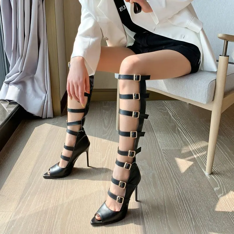 IPPEUM kadın Topuklu Roma İçi Boş Kemer Tokası Yüksek Çizmeler İlkbahar Yaz Süper Yüksek Topuk kadın Sandalet Punk Yüksek Topuklu Sandalet