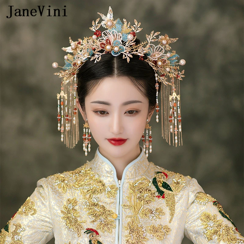 JaneVini Geleneksel Çin Gelin Şapkalar El Yapımı Pembe Mavi Boncuklu Retro Phoenix Prenses Tokalar Düğün saç aksesuarları