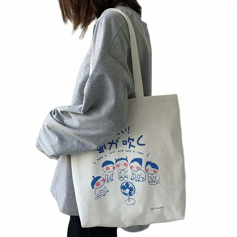 Japon animesi alışveriş çantası Kawaii Beyaz Estetik Tote Çanta Büyük Kapasiteli Çanta İle Ayarlanabilir Fermuar Baskı Harajuku kadın
