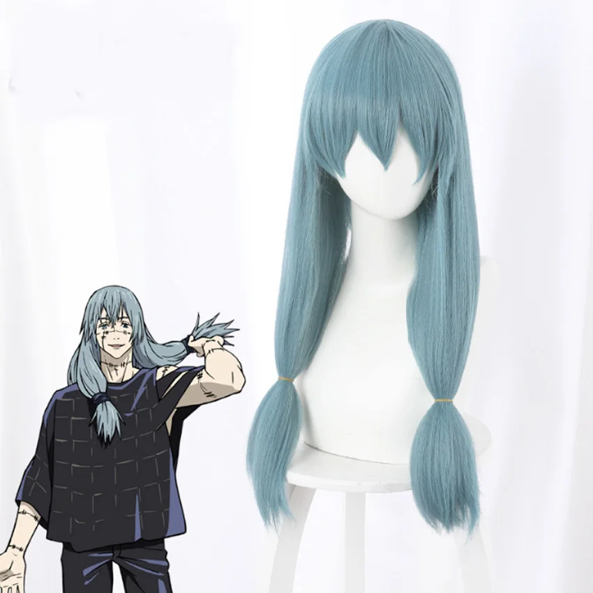 Jujutsu Kaisen Mahito Cosplay peruk mavi ısıya dayanıklı sentetik saç çift örgü kostüm peruk sahne
