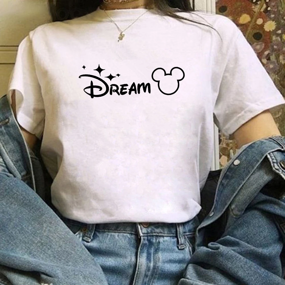 Kadın T Shirt Moda Mickey Mouse RÜYA Mektup T-shirt kadın kıyafetleri Kısa Kollu Tişörtleri Casual Tops Tee Gömlek Femme 0