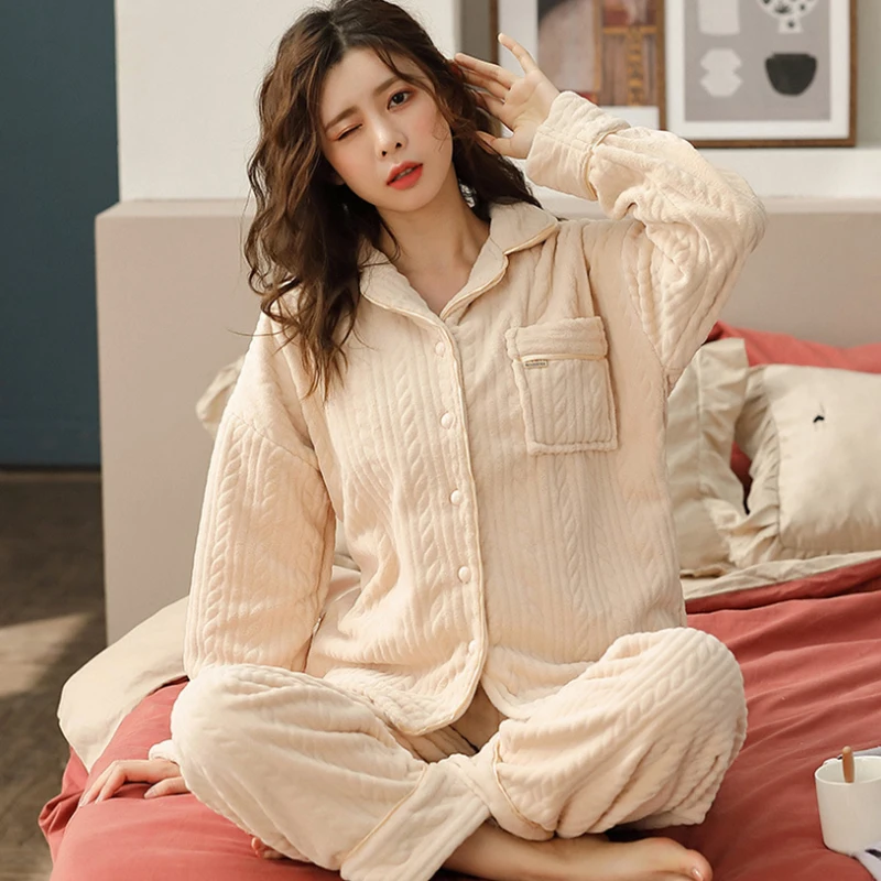 Kadınlar Kalınlaşmak Sıcak Yumuşak Pijama Kadın Pazen Pijama Seti Mujer Uzun Kollu Pijama Kızlar Bayanlar için Pijama