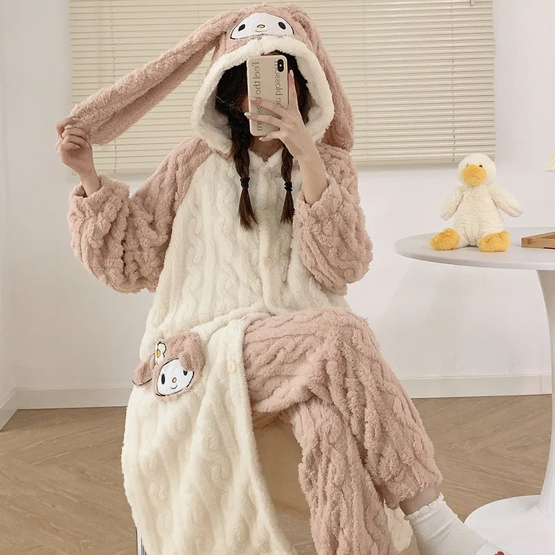 Kawaii Anime Sanrio My Melody Peluş Pijama kadın Sonbahar ve Kış Sevimli Kadife Kalınlaşmış Sıcak Uzun Karikatür Ev Giysileri Takım Elbise