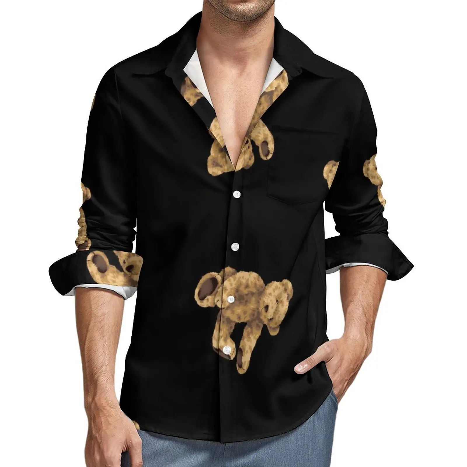 Komik Ayı Baskı Gömlek Sonbahar Sevimli Hayvan Rahat Gömlek Erkekler Trend Bluzlar Uzun Kollu Desen Y2K Giyim Artı Boyutu 3XL 4XL