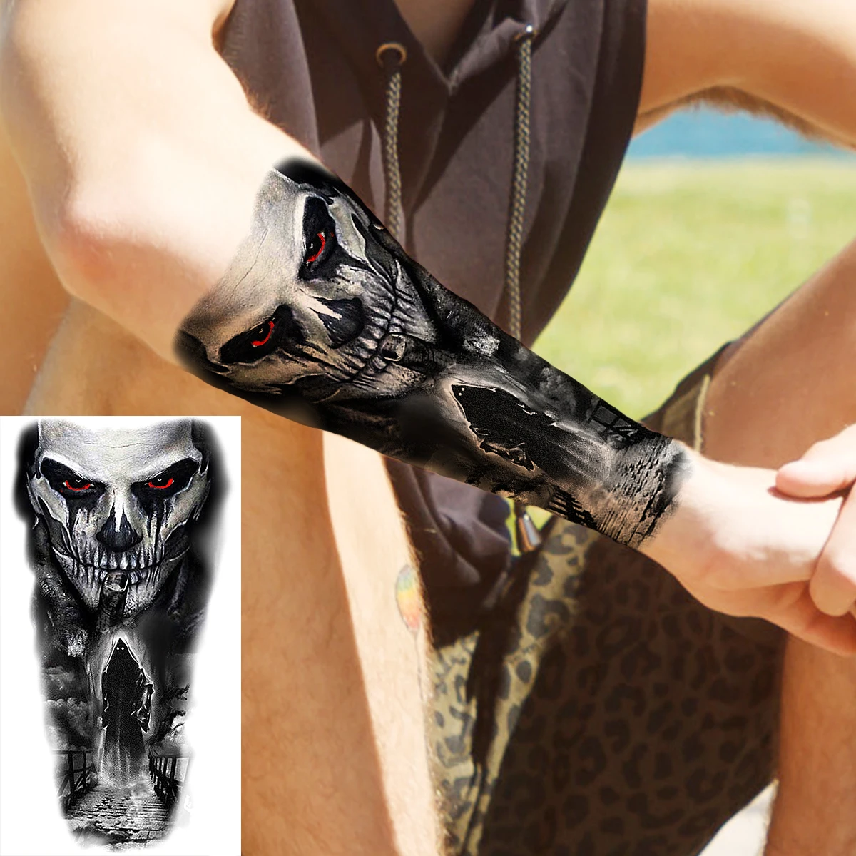 Korkunç Kafatası Geçici Pusula Dövmeler Gerçekçi Aslan Kurt Orman Cadılar Bayramı Korkunç Sahte Dövme Etiket Kadın Erkek Gül Dövmeler 5