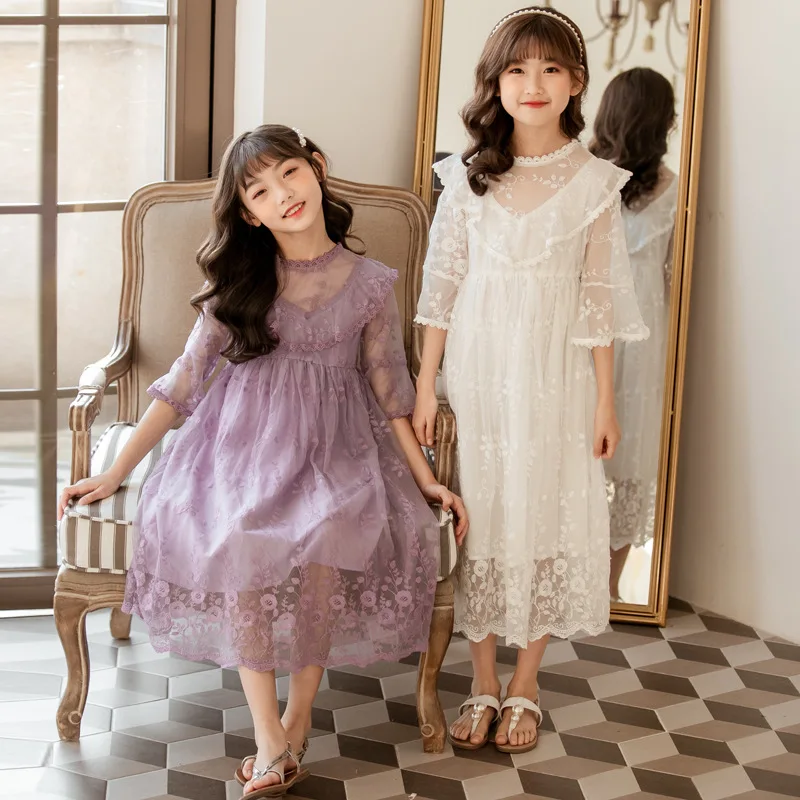 Kızlar Prenses Kısa Kollu Kız Dantel Elbise 2020 Yaz Prenses Kostüm Partisi Gelinlik Çocuklar Kız İçin
