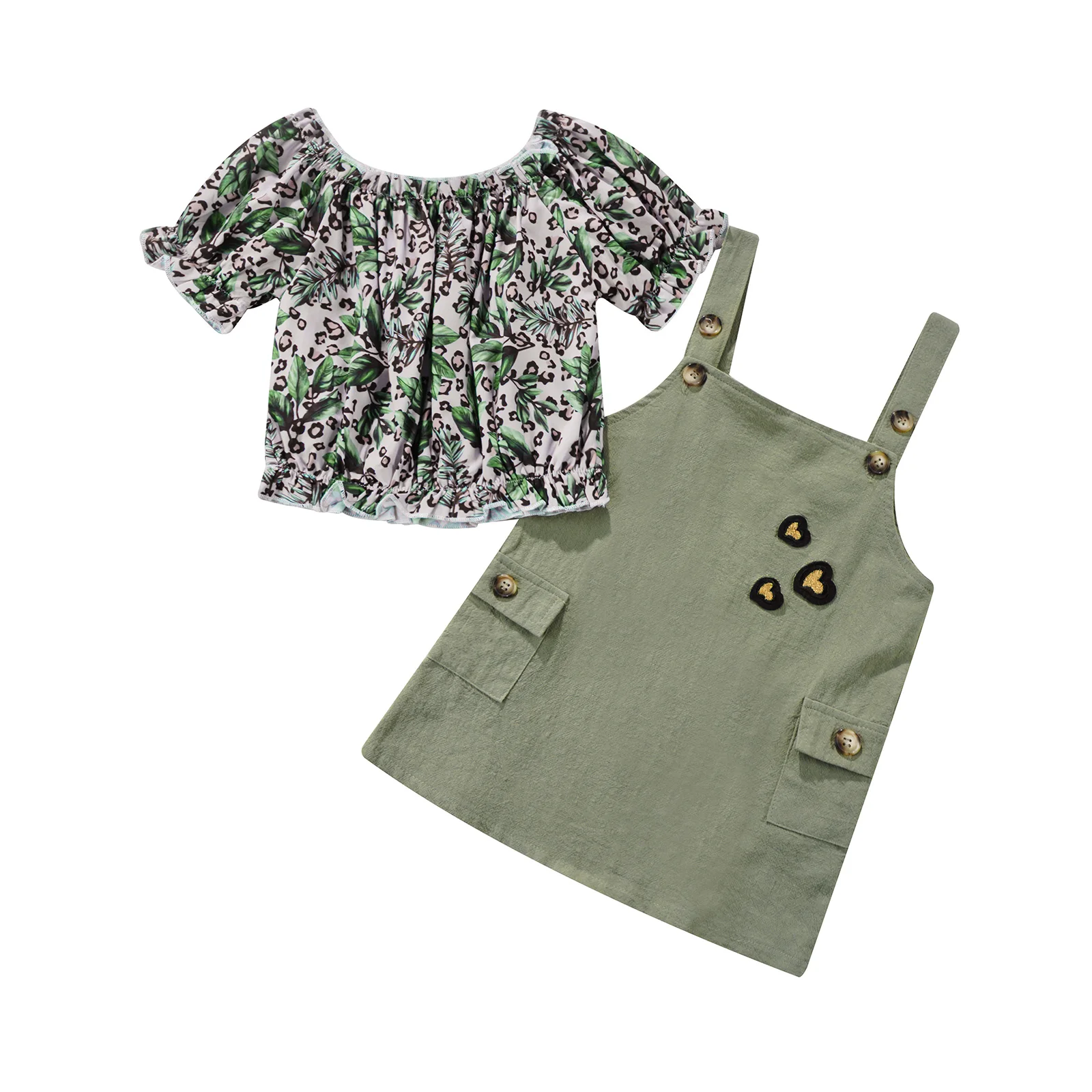 Lioraitiin 1-6Years Toddler Bebek Kız Yaz 2 Adet Kıyafet Setleri Kısa Kollu Yaprak Baskı T-shirt Yeşil Askı Etek Cepler