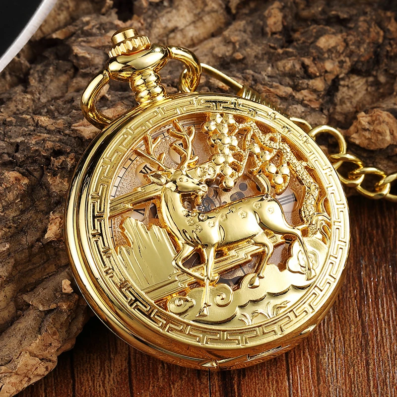 Lüks Geyik Mekanik cep saati Altın Gümüş Bronz Keçi İçi Boş Fob Zinciri Kutusu Paketi Erkek Kadın Saatler noel hediyesi
