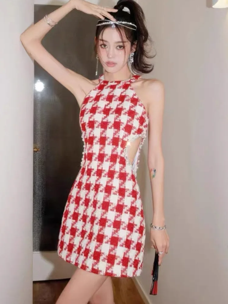 Lüks Zarif Vintage Küçük Koku Tüvit Elbiseler Kadınlar İçin Balıksırtı Kore Tatlı Kolsuz Seksi yaz elbisesi Vestidos