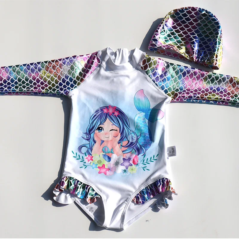 Mermaid Baskı Kız Mayo Prenses Elbise Bikini Çocuklar İçin 1-8 Yıl Çizgili Mayo Tek Parça Set Çocuk Yüzme Etek İle