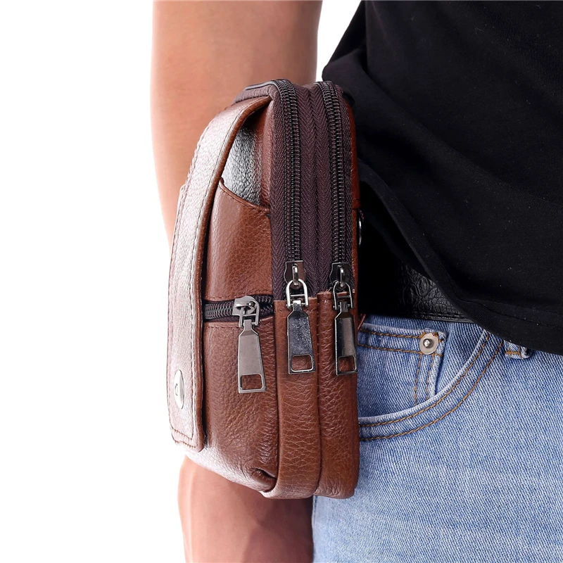 Moda Erkekler Düğme PU deri Bel Çantası Çok Cep Çoklu Fermuarlı bel çantası Ayarlanabilir Kemer fanny paketi Alışveriş Telefonu Çanta
