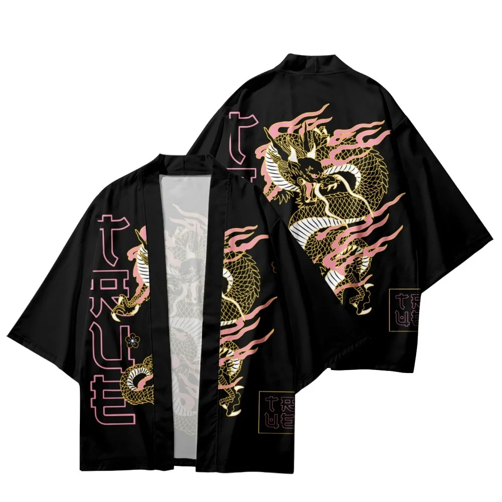 Moda Streetwear Dragon Basılı Yaz Geleneksel Erkek Kadın Cosplay Kimono Rahat Japon Haori Hırka