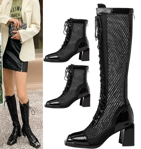 Moraima Snc Roma Tarzı diz yüksek çizmeler örgü ızgara dantel-up Sandal Boots yaz kadın Kalın topuklu yüksek topuk çizmeler