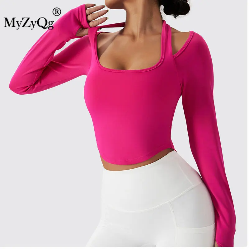 MyZyQg Kadınlar Nefes Seksi Yoga T - shirt Uzun Kollu Asılı Boyun Çabuk kuruyan Spor Giyim Eğitim Koşu Spor Üst