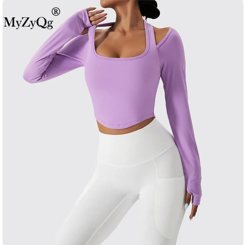 MyZyQg Kadınlar Nefes Seksi Yoga T - shirt Uzun Kollu Asılı Boyun Çabuk kuruyan Spor Giyim Eğitim Koşu Spor Üst 4