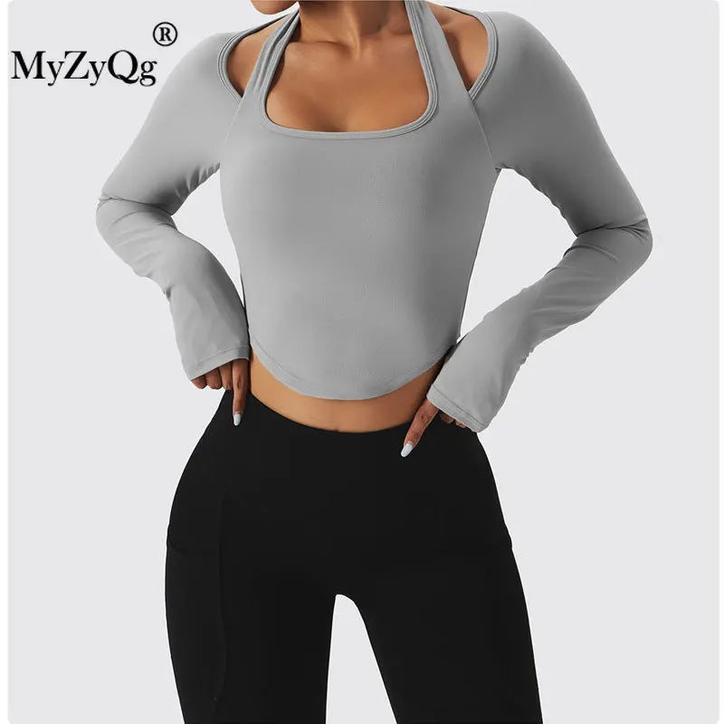 MyZyQg Kadınlar Nefes Seksi Yoga T - shirt Uzun Kollu Asılı Boyun Çabuk kuruyan Spor Giyim Eğitim Koşu Spor Üst 5