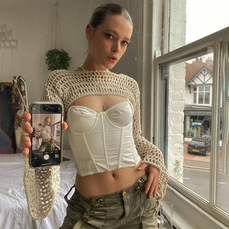 O Boyun Dışarı Gevşek Uzun Önlük Üst Kadın Streetwear Moda Tee Retro Kol Y2K Örme Ürün Üst içi Boş Şık Triko 2022 1