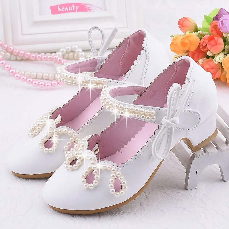 Pembe Prenses Ayakkabı Çocuklar Yüksek Topuklu Ayakkabılar Çocuklar Elbise Parti deri ayakkabı Bebek Kız çocuk beyaz ayakkabı Enfants Düğün Ayakkabı