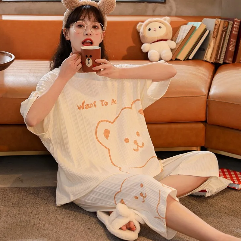 Pijama kadın Pamuk İnce Kısa Kollu kapri pantolonlar Kore Versiyonu Eğlence Bahar Sonbahar Büyük Ev Giysileri Kadın Pijama