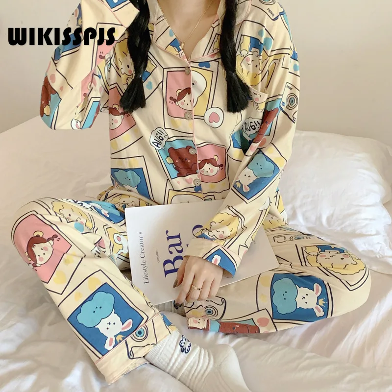 Pijama Kız Bahar Sonbahar Uzun Kollu Kore Öğrenci Kız Karikatür Güzel Eğlence İki parçalı Takım Elbise Ev Giysileri Kawaii Loungewear